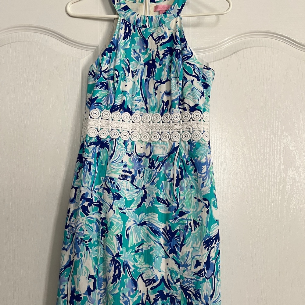 Lilly Pulitzer Blue & Teal Floral Halter Mini Dress with White Lace